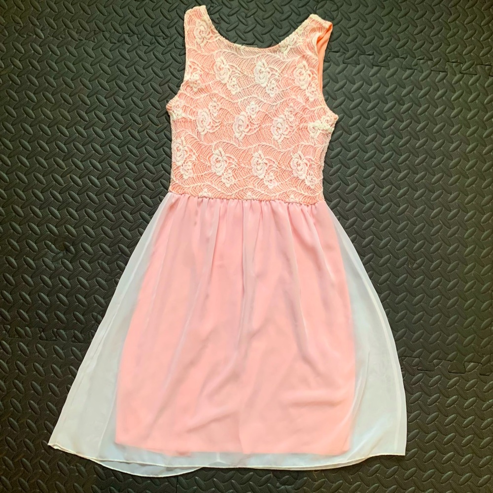 Floral, pastel pink, lace detail dress